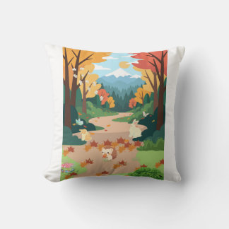 Cute Autumn Forest Animals Cozy Landscape Art Post クッション