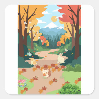 Cute Autumn Forest Animals Cozy Landscape Art Post スクエアシール