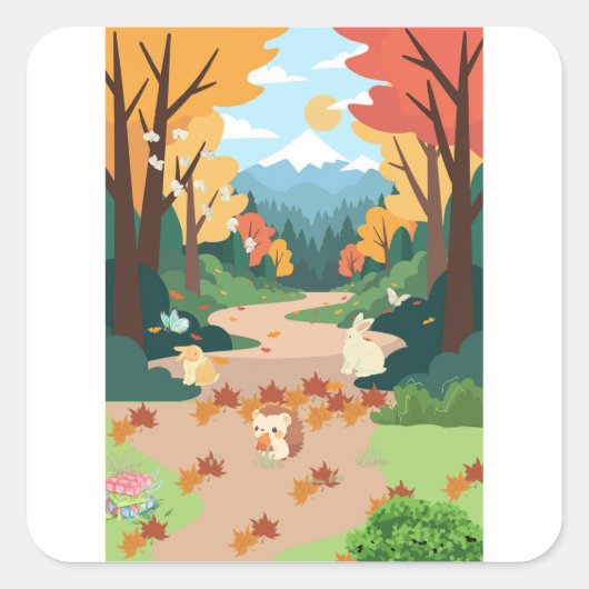 Cute Autumn Forest Animals Cozy Landscape Art Post スクエアシール (正面)
