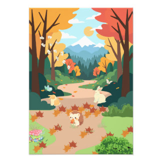 Cute Autumn Forest Animals Cozy Landscape Art Post フォトプリント