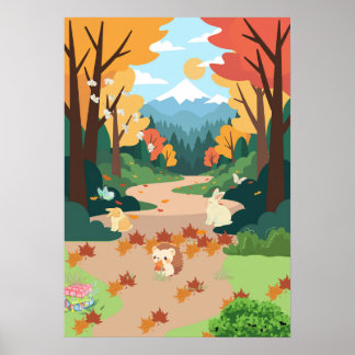 Cute Autumn Forest Animals Cozy Landscape Art Post ポスター