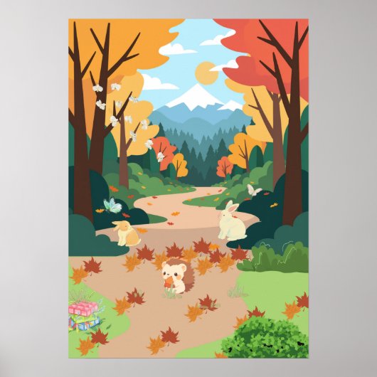 Cute Autumn Forest Animals Cozy Landscape Art Post ポスター (正面)