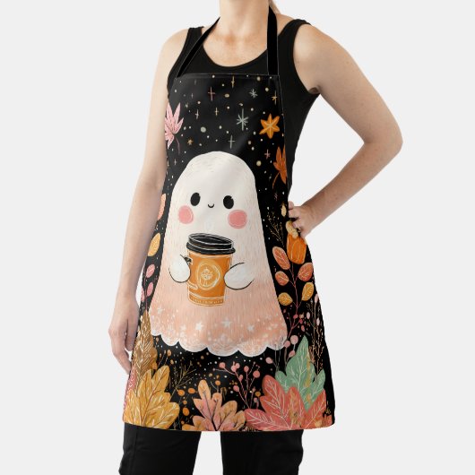 Cute Autumn Ghost with Pumpkin Coffee – Cozy Fall エプロン (インサイチュ)