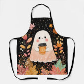Cute Autumn Ghost with Pumpkin Coffee – Cozy Fall エプロン (正面)