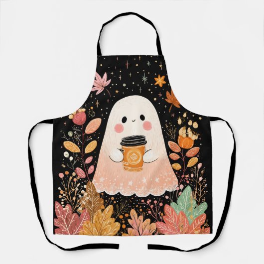 Cute Autumn Ghost with Pumpkin Coffee – Cozy Fall  エプロン (正面)