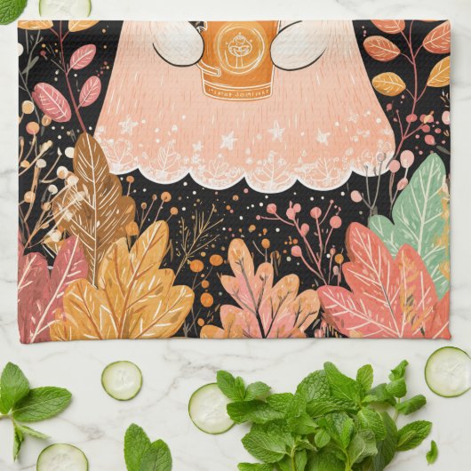 Cute Autumn Ghost with Pumpkin Coffee – Cozy Fall  キッチンタオル (折り畳み)