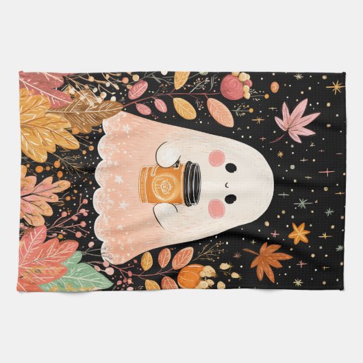 Cute Autumn Ghost with Pumpkin Coffee – Cozy Fall キッチンタオル (横)