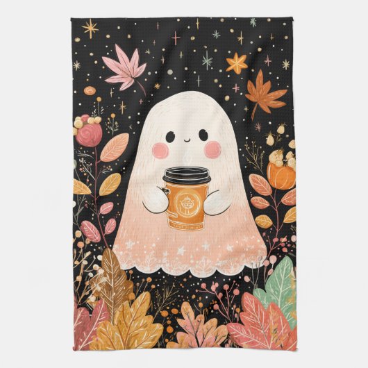 Cute Autumn Ghost with Pumpkin Coffee – Cozy Fall  キッチンタオル (縦)