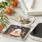 Cute Autumn Ghost with Pumpkin Coffee – Cozy Fall  キーホルダー (正面右)