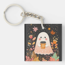 Cute Autumn Ghost with Pumpkin Coffee – Cozy Fall キーホルダー