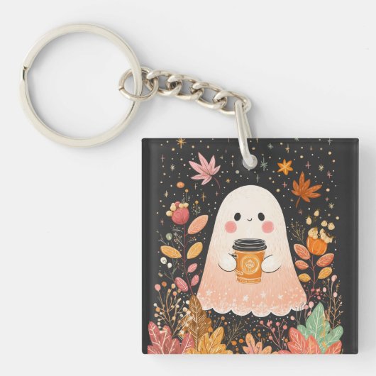 Cute Autumn Ghost with Pumpkin Coffee – Cozy Fall  キーホルダー (正面)