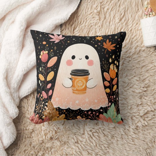 Cute Autumn Ghost with Pumpkin Coffee – Cozy Fall  クッション (ブランケット)