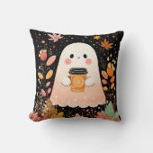 Cute Autumn Ghost with Pumpkin Coffee – Cozy Fall  クッション (正面)