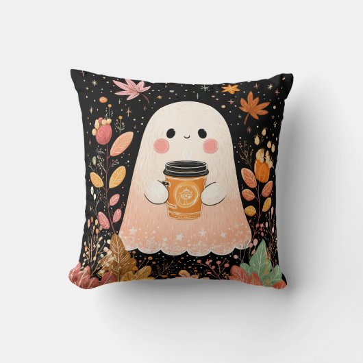 Cute Autumn Ghost with Pumpkin Coffee – Cozy Fall クッション (正面)