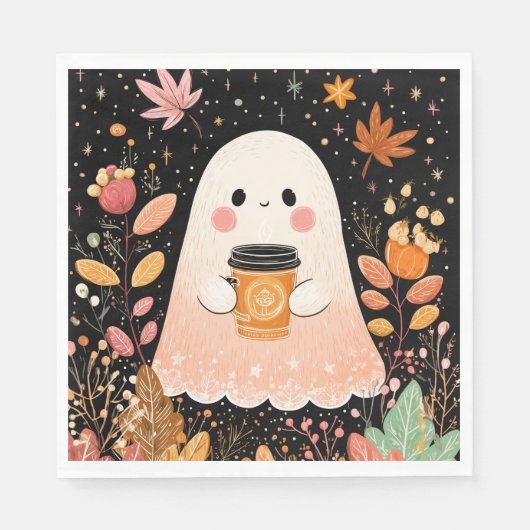 Cute Autumn Ghost with Pumpkin Coffee – Cozy Fall  スタンダードランチョンナプキン (正面)