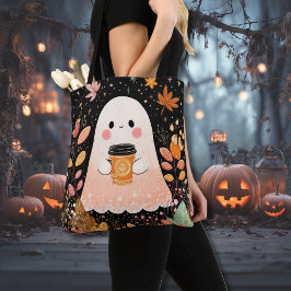 Cute Autumn Ghost with Pumpkin Coffee – Cozy Fall トートバッグ