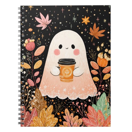 Cute Autumn Ghost with Pumpkin Coffee – Cozy Fall  ノートブック (正面)