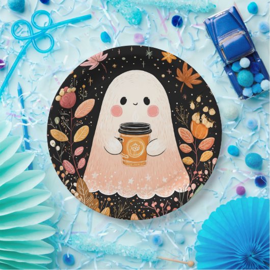 Cute Autumn Ghost with Pumpkin Coffee – Cozy Fall  ペーパープレート (パーティー)