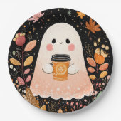 Cute Autumn Ghost with Pumpkin Coffee – Cozy Fall  ペーパープレート (正面)