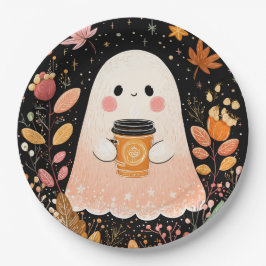 Cute Autumn Ghost with Pumpkin Coffee – Cozy Fall ペーパープレート