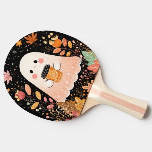 Cute Autumn Ghost with Pumpkin Coffee – Cozy Fall  卓球ラケット (横)