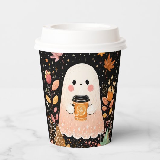Cute Autumn Ghost with Pumpkin Coffee – Cozy Fall  紙コップ (裏面)