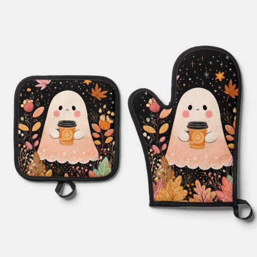 Cute Autumn Ghost with Pumpkin Coffee – Cozy Fall  鍋つかみ&鍋敷きセット (正面)