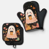 Cute Autumn Ghost with Pumpkin Coffee – Cozy Fall  鍋つかみ&鍋敷きセット (正面/裏面)