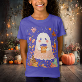 Cute Autumn Ghost with Pumpkin Coffee – Cozy Fall  Tシャツ