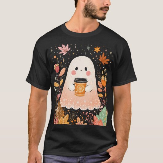 Cute Autumn Ghost with Pumpkin Coffee – Cozy Fall Tシャツ (正面)