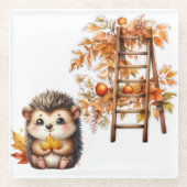 Cute Autumn Hedgehog with Harvest Ladder Illustrat ガラスコースター (正面)