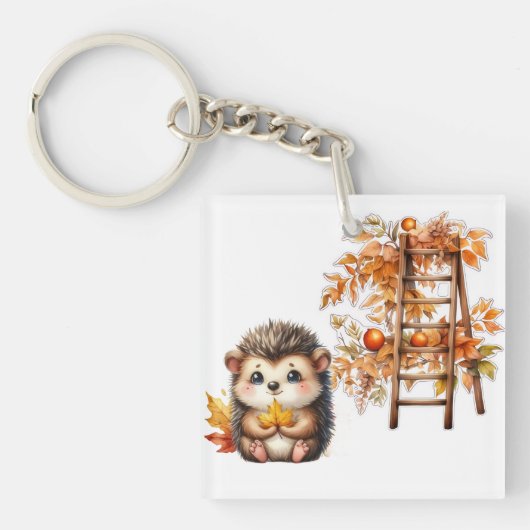 Cute Autumn Hedgehog with Harvest Ladder Illustrat キーホルダー (正面)