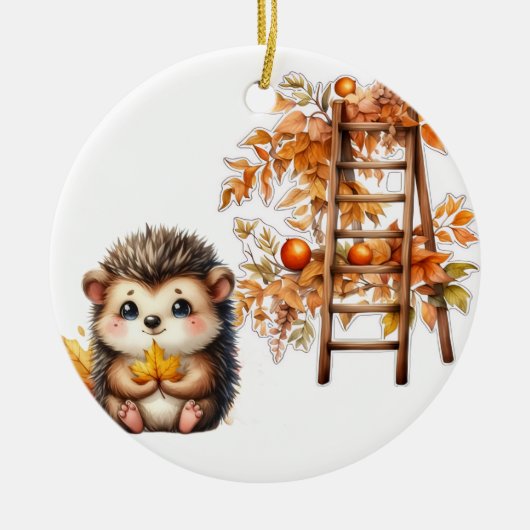 Cute Autumn Hedgehog with Harvest Ladder Illustrat セラミックオーナメント (正面)