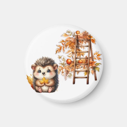 Cute Autumn Hedgehog with Harvest Ladder Illustrat マグネット (正面)