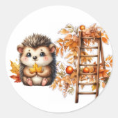 Cute Autumn Hedgehog with Harvest Ladder Illustrat ラウンドシール (正面)