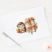 Cute Autumn Hedgehog with Harvest Ladder Illustrat ラウンドシール (封筒)