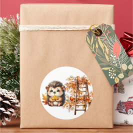 Cute Autumn Hedgehog with Harvest Ladder Illustrat ラウンドシール