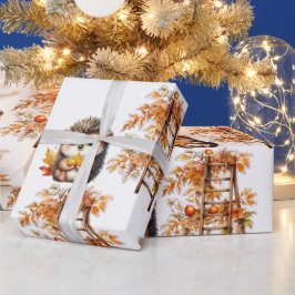 Cute Autumn Hedgehog with Harvest Ladder Illustrat ラッピングペーパー