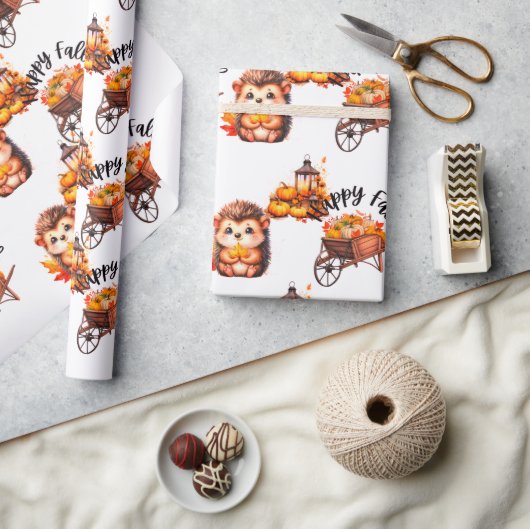 Cute Autumn Hedgehog with Harvest Ladder Illustrat ラッピングペーパー (クラフト)