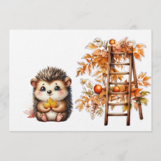 Cute Autumn Hedgehog with Harvest Ladder Illustrat 招待状 (正面)
