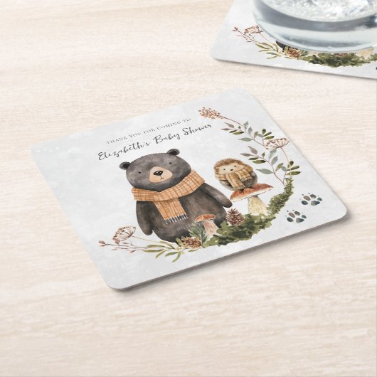 Cute Autumn Woodland | ベビーシャワー  スクエアペーパーコースター (アングル)