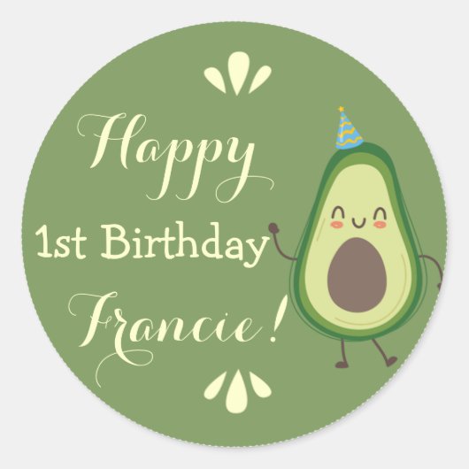 Cute Avocado Personalize Colorful 1st Birthday ラウンドシール (正面)