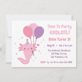 Cute Axolotl and Balloons Girls Birthday Party 招待状 (正面)
