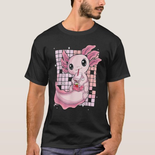 Cute Axolotl Drinking Strawberry Milk Bubble Tea O Tシャツ (正面)
