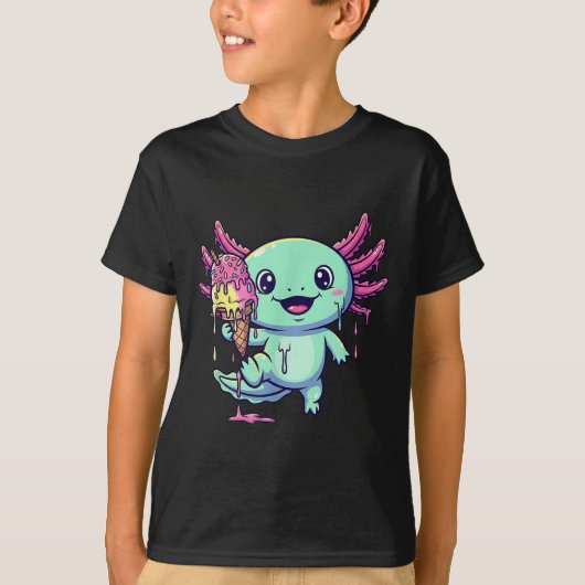 Cute Axolotl Eating Ice Cream Dripping Kawaii Funn Tシャツ (正面)