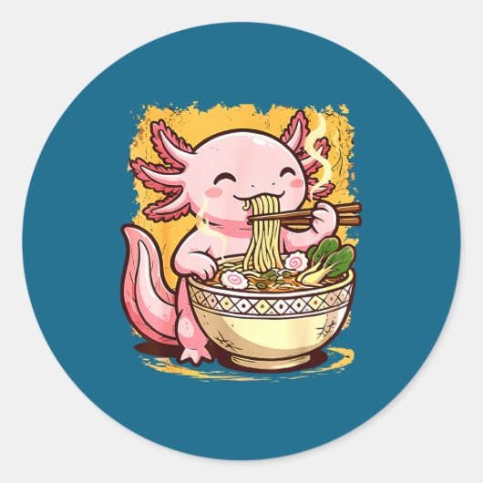 Cute Axolotl Eats Ramen Noodles Axolotls Ramen  ラウンドシール (正面)