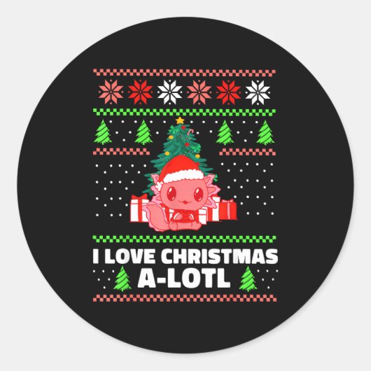 Cute Axolotl I Love Christmas A-lotl Xmas Hat Sant ラウンドシール (正面)