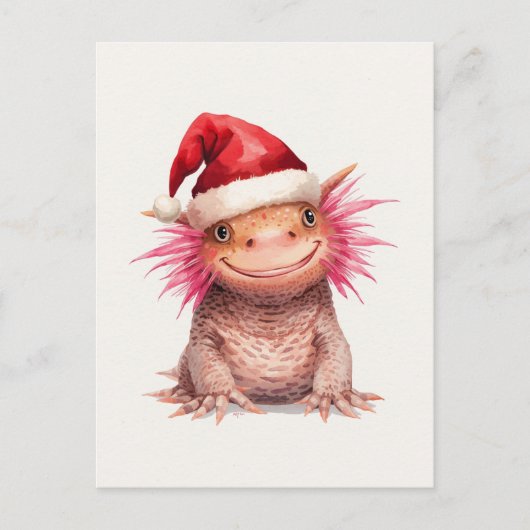 Cute Axolotl in Santa Hat Watercolor シーズンポストカード (正面)