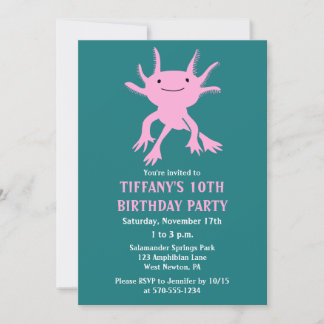 Cute Axolotl Pink Salamander Birthday Party 招待状