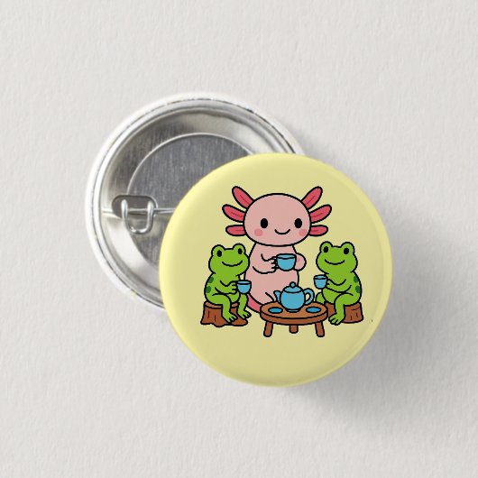 Cute Axolotl Tea Time with Friends Button 缶バッジ (正面&裏面)